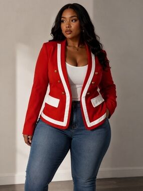 Curve Red Contrast-Trim Double-Breasted Blazer
